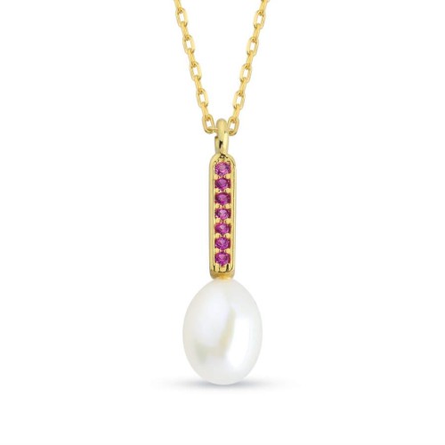 Ruby Gerçek Damla İnci Gold Kadın Gümüş Kolye - 1