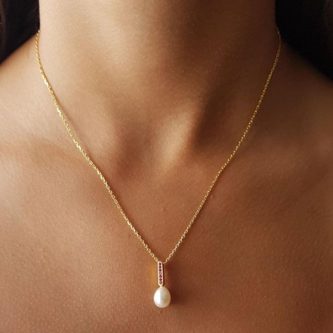 Ruby Gerçek Damla İnci Gold Kadın Gümüş Kolye - 2