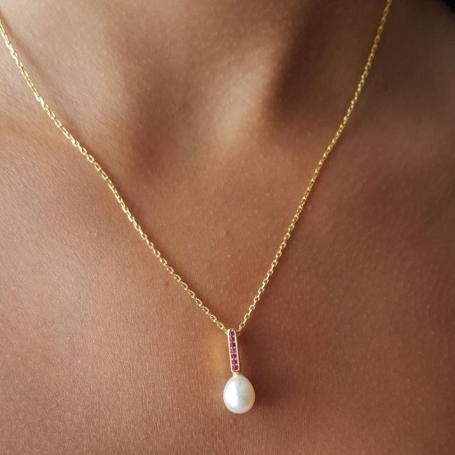 Ruby Gerçek Damla İnci Gold Kadın Gümüş Kolye - 3