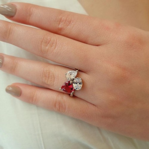 Ruby Heart Drop Oval Tria Women's Silver Ring - 1