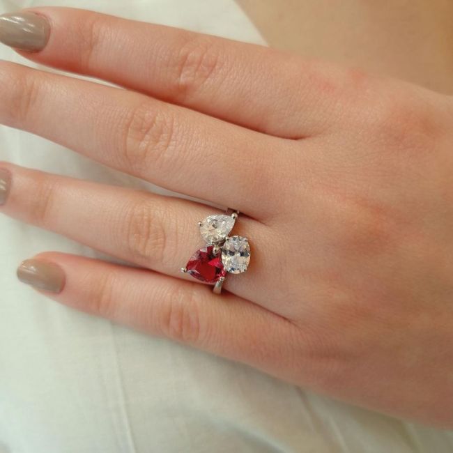 Ruby Heart Drop Oval Tria Women's Silver Ring - 1