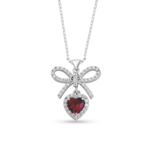 Ruby Heart Bow Silver Women's Necklace - CNG Jewels