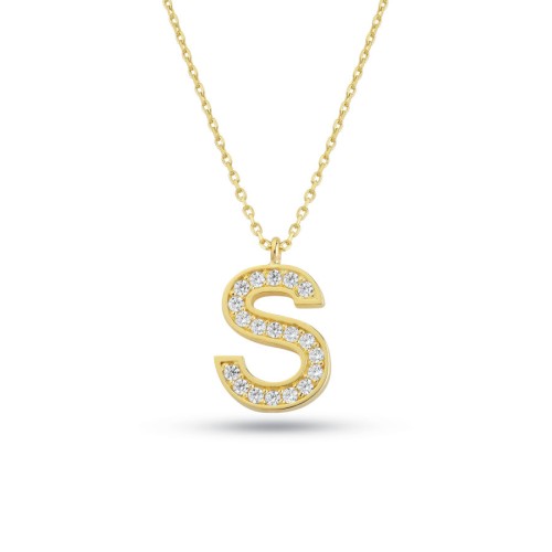 S Harfi Taşlı 14 Ayar Altın Kolye - 1