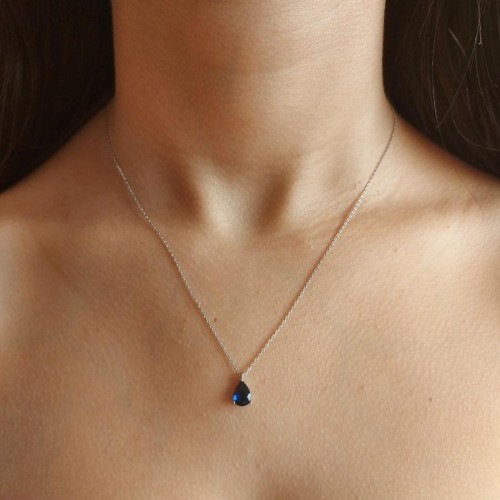 CNG Jewels - Safir Renk Küçük Damla Gümüş Bayan Kolye