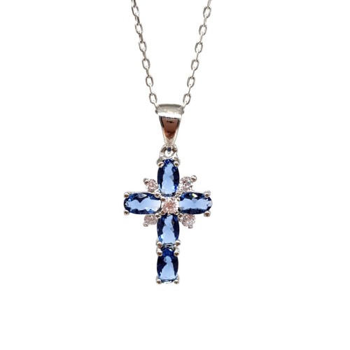 Sapphire Stone Cross Women's Silver Necklace - CNG Jewels