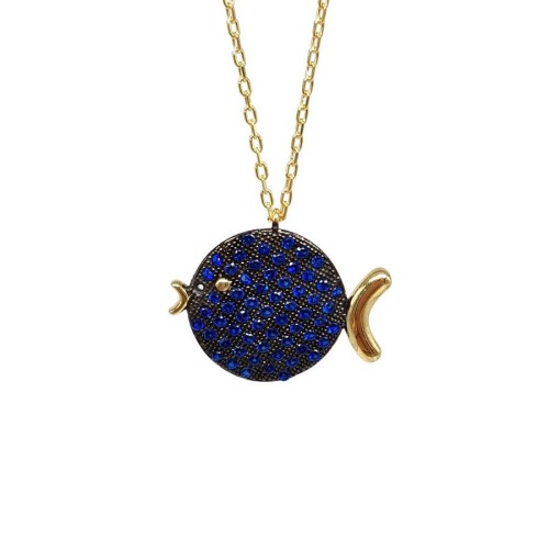 Sapphire Stone Chubby Fish Silver Women's Necklace - 1