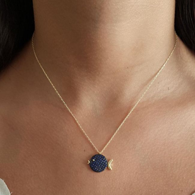 Sapphire Stone Chubby Fish Silver Women's Necklace - 2