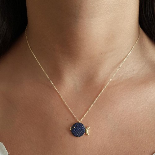 Safir Taşlı Tombul Balık Gümüş Kadın Kolye - 2