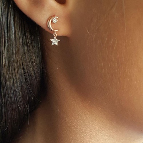 CNG Jewels - Sallantılı Ay ve Taşlı Yıldız Rose Gümüş Bayan Küpe 