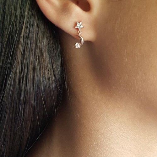 Sallantılı Ay ve Taşlı Yıldız Rose Gümüş Kadın Küpe - 2