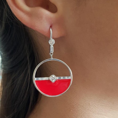 Dangling Geometric Red Enameled Silver Women's Earrings - 1