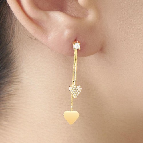 CNG Jewels - Sallantılı İkili Kalp Gold Gümüş Bayan Küpe