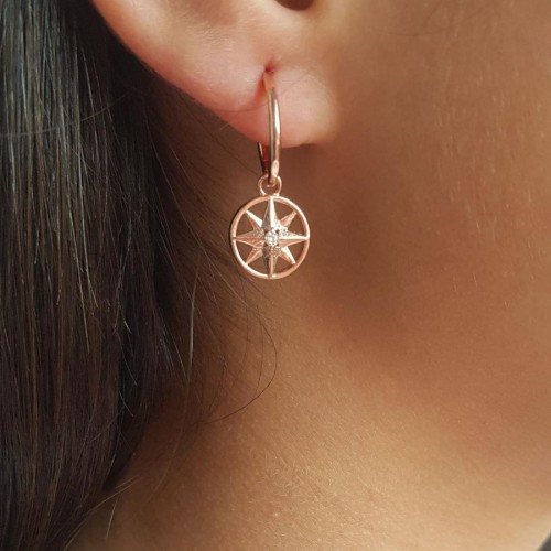 Dangling Pole Star Rose Silver Women's Hoop Earrings - CNG Jewels