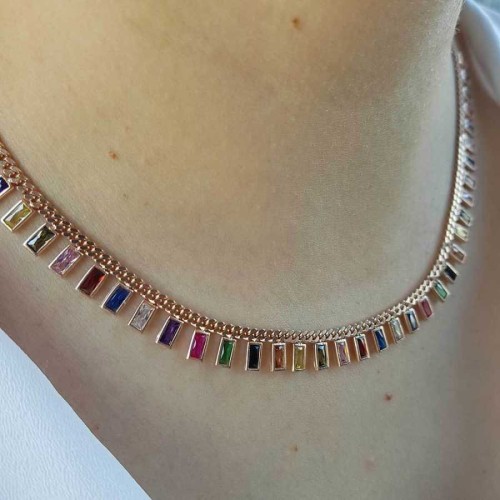 CNG Jewels - Sallantılı Renkli Sıra Baget Taşlı Gümüş Bayan Kolye