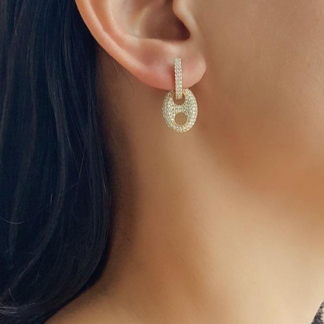 Sallantılı Taşlı Düğme Gold Gümüş Kadın Küpe - 1