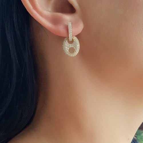 Sallantılı Taşlı Düğme Gold Gümüş Kadın Küpe - 2