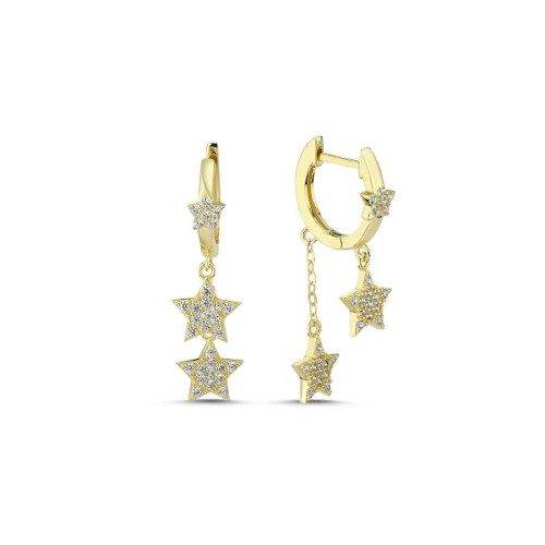 Sallantılı Taşlı İki Yıldız Gold Gümüş Halka Küpe - 1