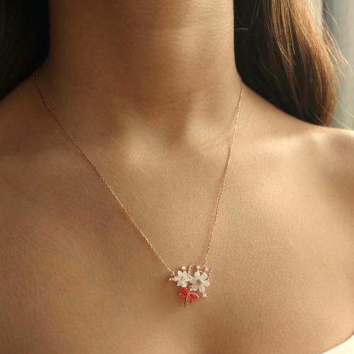 CNG Jewels - Sedef Çiçekli Kırmızı Yusufçuklu Gümüş Bayan Kolye