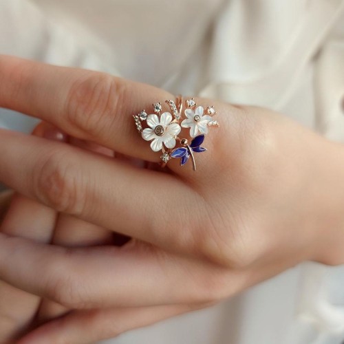 CNG Jewels - Sedef Çiçekli Mor Yusufçuklu Gümüş Bayan Yüzük