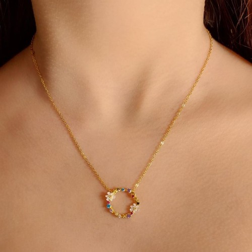 CNG Jewels - Sedef Çiçekli Renkli Taşlı Altın Rengi Gümüş Bayan Kolye
