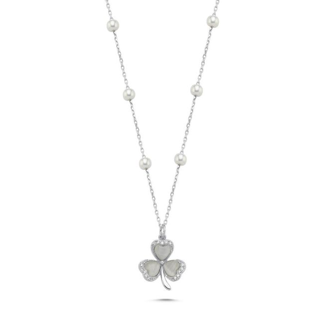 Sedef Taşlı 3 Yaprak Yonca İncili Kadın Gümüş Kolye - 1