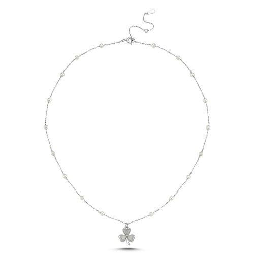 Sedef Taşlı 3 Yaprak Yonca İncili Kadın Gümüş Kolye - 2