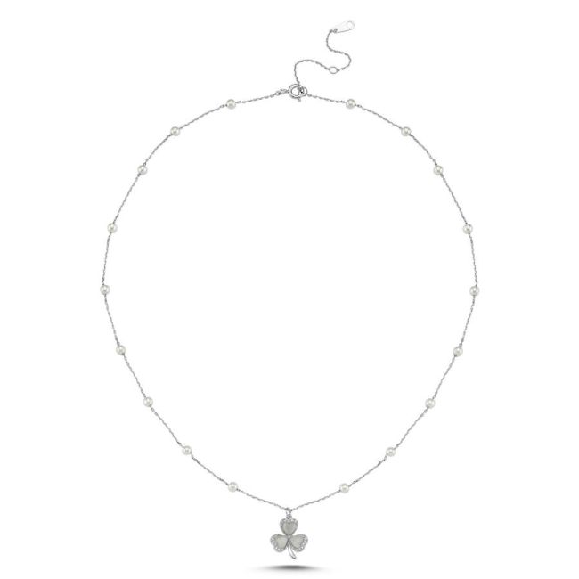 Sedef Taşlı 3 Yaprak Yonca İncili Kadın Gümüş Kolye - 2