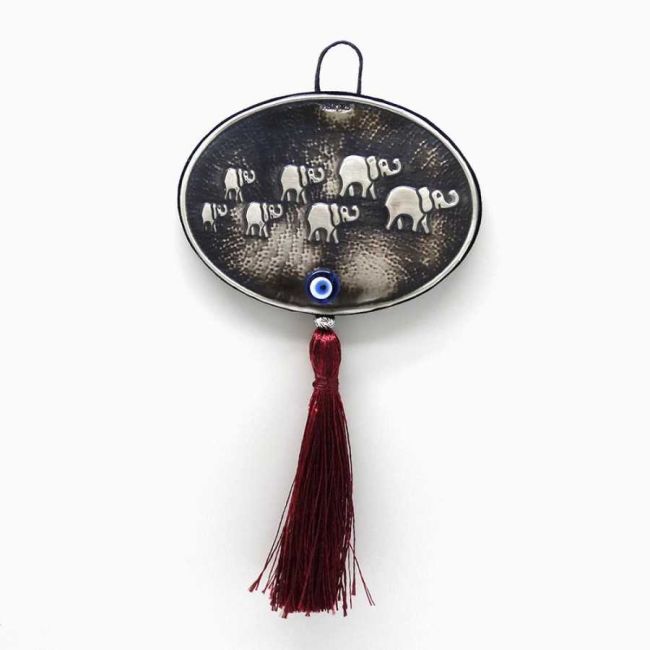 Seven Elephant Wall Ornament with Evil Eye Beads in 925 Sterling Silver