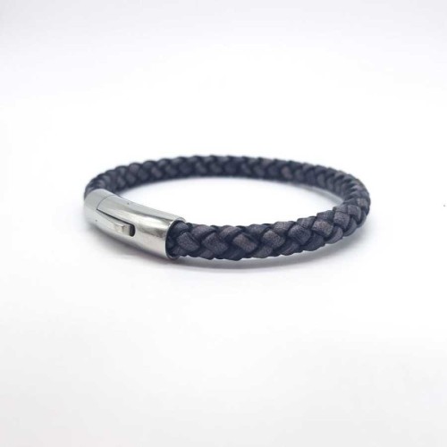 Cylinder Gray Knitted Leather Steel Men's Bracelet - CNG Jewels