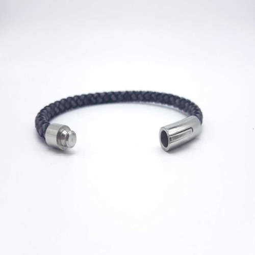 Cylinder Gray Knitted Leather Steel Men's Bracelet - CNG Jewels (1)