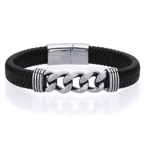 Gurmet Steel Men's Bracelet with Black Leather - CNG Jewels