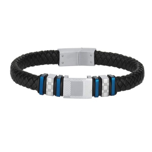 Black Leather Gingham Patterned Blue Steel Men's Bracelet - CNG Jewels