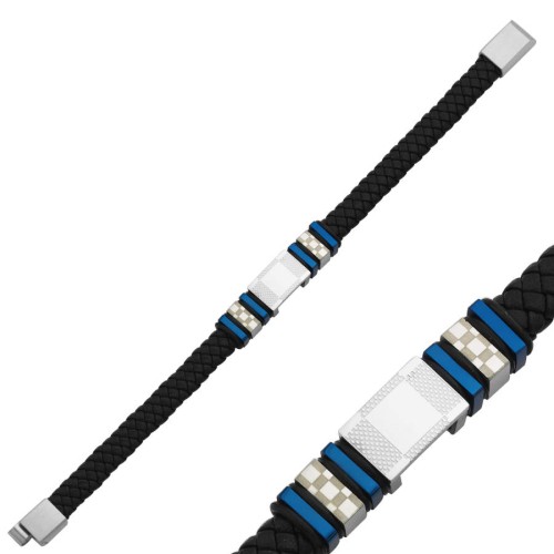 Black Leather Gingham Patterned Blue Steel Men's Bracelet - CNG Jewels (1)