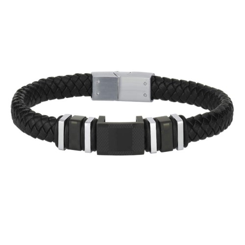 Black Leather Gingham Patterned Black Steel Men's Bracelet - CNG Jewels