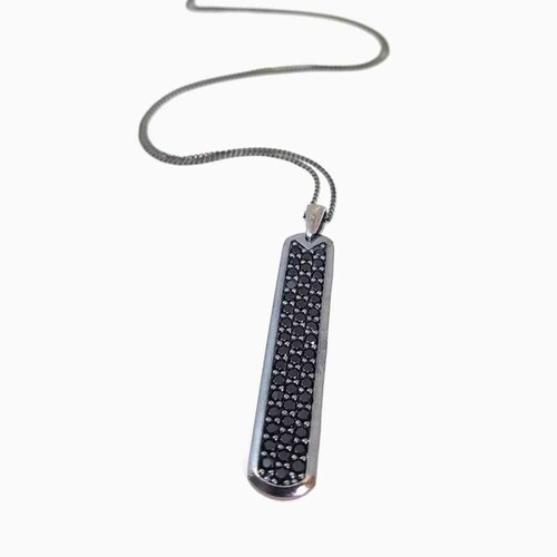 CNG Jewels - Siyah Dikdörtgen Plaka Üzeri Siyah Taşlı Uzun Zincirli Gümüş Erkek Kolye