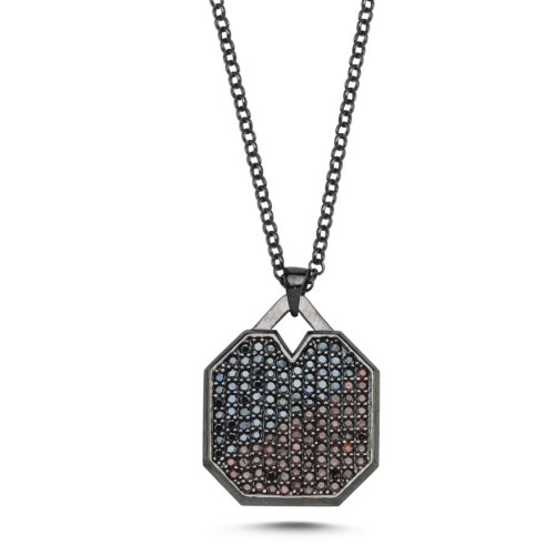 CNG Jewels - Siyah Kanyak Oktagon Plaka Tasarım Gümüş Erkek Kolye