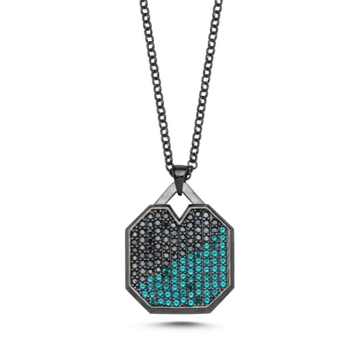 CNG Jewels - Siyah Mavi Oktagon Plaka Tasarım Erkek Gümüş Kolye