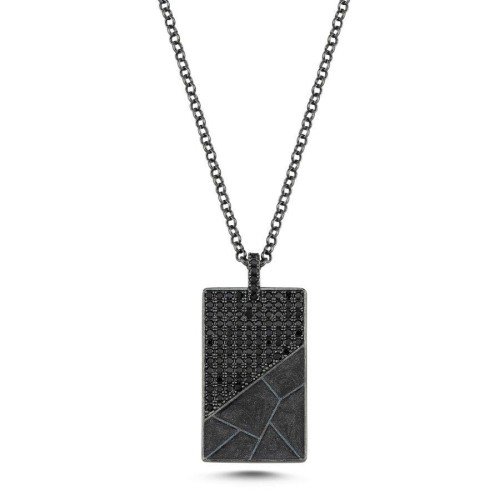CNG Jewels - Siyah Mermer Desenli Taşlı Tasarım Gümüş Erkek Kolye