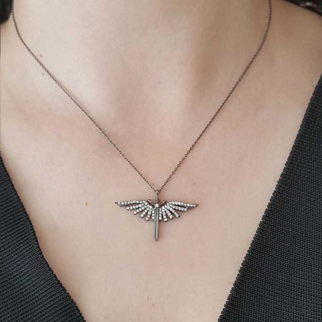 Siyah Mikail Meleği Kılıcı Kadın Gümüş Kolye - 1