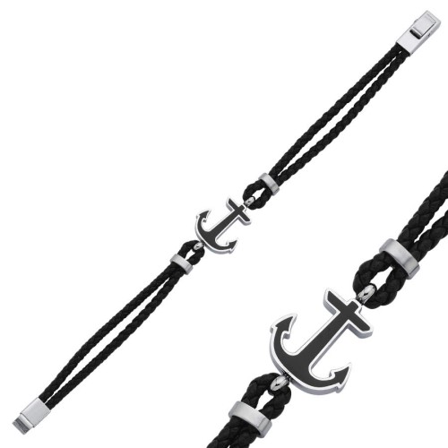 Black Enameled Anchor Leather Steel Men's Bracelet - CNG Jewels (1)