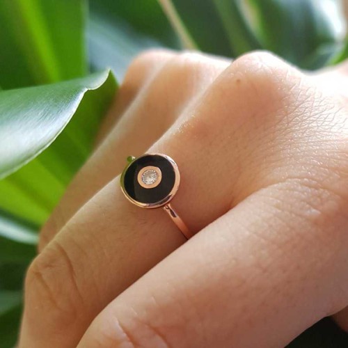 Black Enameled Tiny Solitaire Rosegold Silver Women's Ring - CNG Jewels