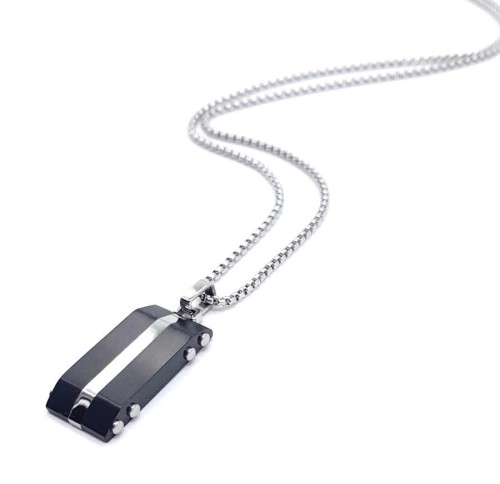 CNG Jewels - Siyah Çelik Plaka Üstü Beyaz Şeritli Çelik Erkek Kolye