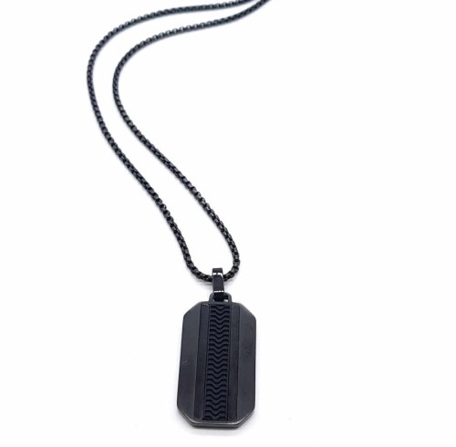 CNG Jewels - Siyah Çelik Plaka Üstü Desenli Çelik Erkek Kolye