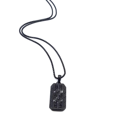 CNG Jewels - Siyah Çelik Plaka Üstü Taşlı Çelik Erkek Kolye