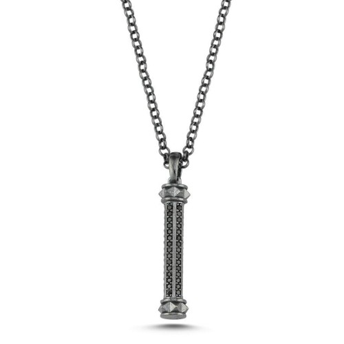 CNG Jewels - Siyah Taşlı Altıgen Tasarım Çubuk Gümüş Erkek Kolye
