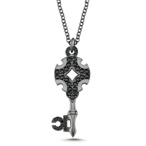 CNG Jewels - Siyah Taşlı Anahtar Özel Tasarım Gümüş Erkek Kolye