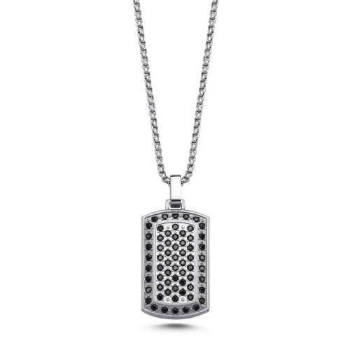 Siyah Taşlı Asker Künyesi Çelik Erkek Kolye - CNG Jewels
