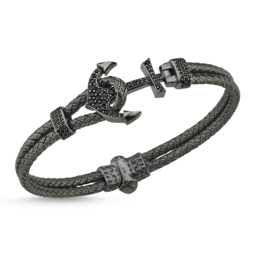 Siyah Taşlı Çapa Hasır Örgü Gümüş Erkek Bilekliği - CNG Jewels