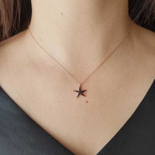 Siyah Taşlı Deniz Yıldızı Gümüş Kadın Kolye - 2