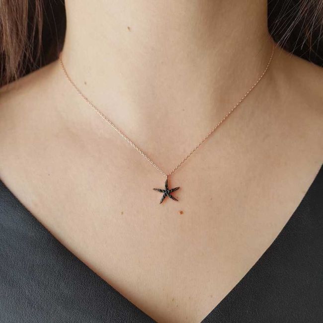 Siyah Taşlı Deniz Yıldızı Gümüş Kadın Kolye - 2